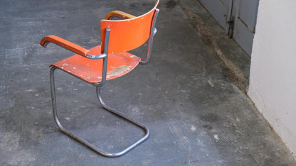 Vintage Freischwinger Stuhl von Mart Stam für Mora in Orange, Chrom
