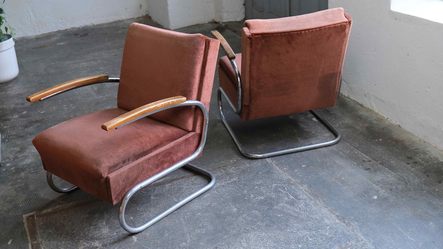 Vintage Sessel S 411 für Thonet rotbraun Samt Chromgestell Set von 2