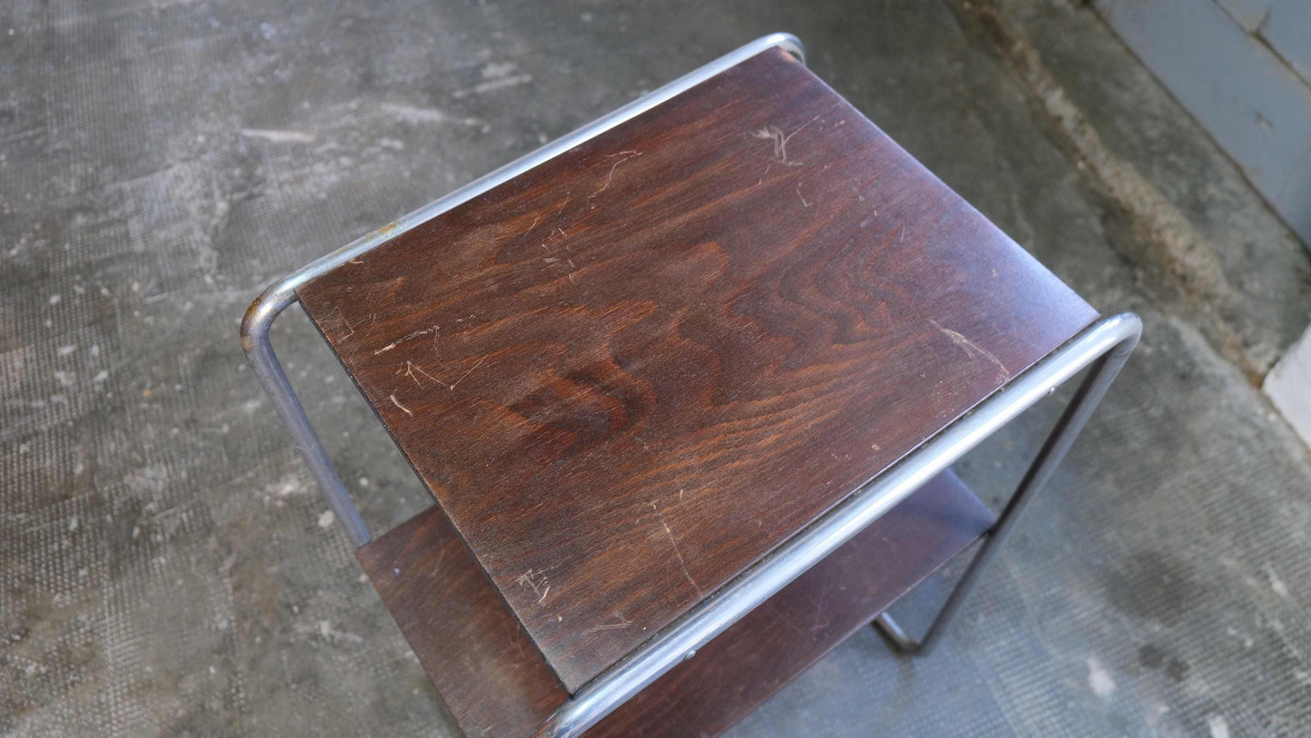 Vintage Beistelltisch Bauhaus braun verchromt Holz Stahlrohr Chrom