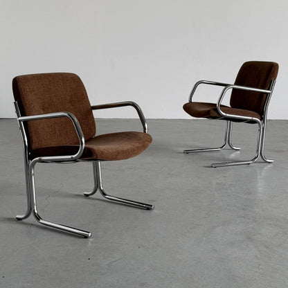 Vintage Freischwinger Armlehnsessel Set von 2 von Bauhaus Design chrom braun