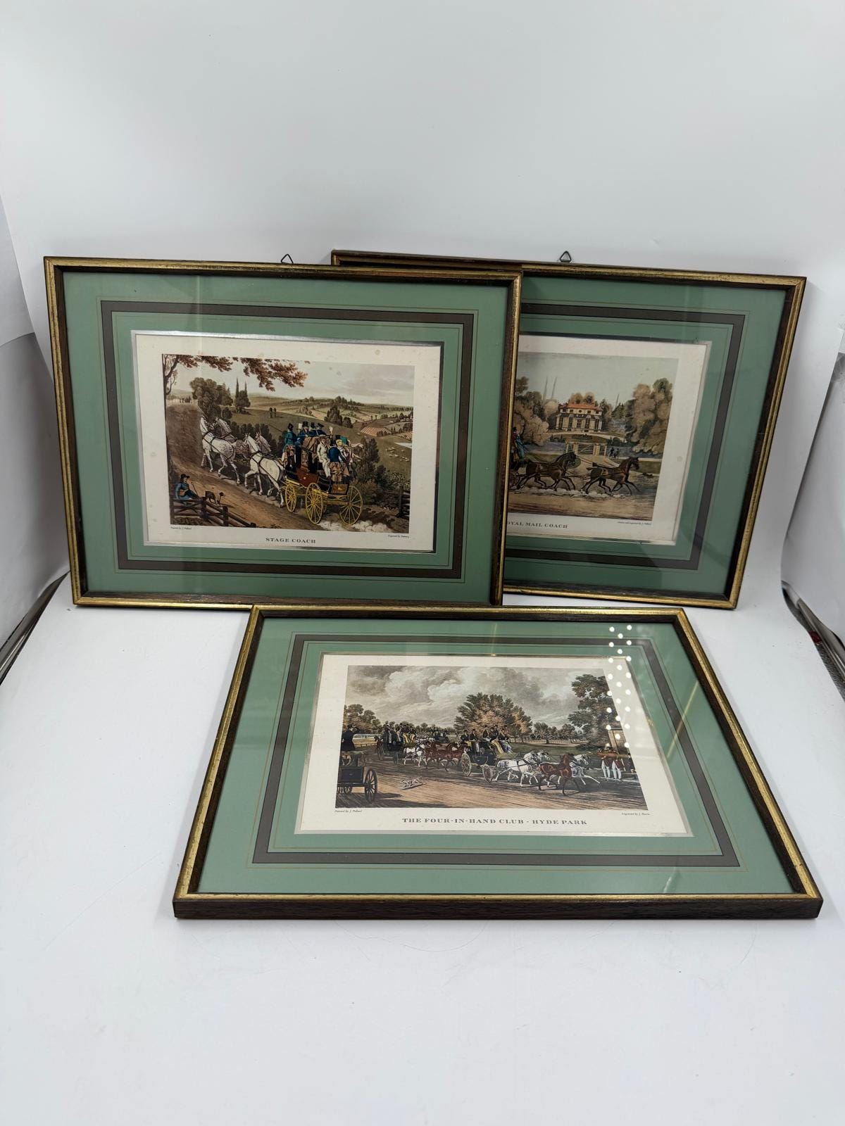 Vintage Druckbild „Königreich Hannover“ Set von 3 von James Pollard für G. Reeves grün-gold-silber