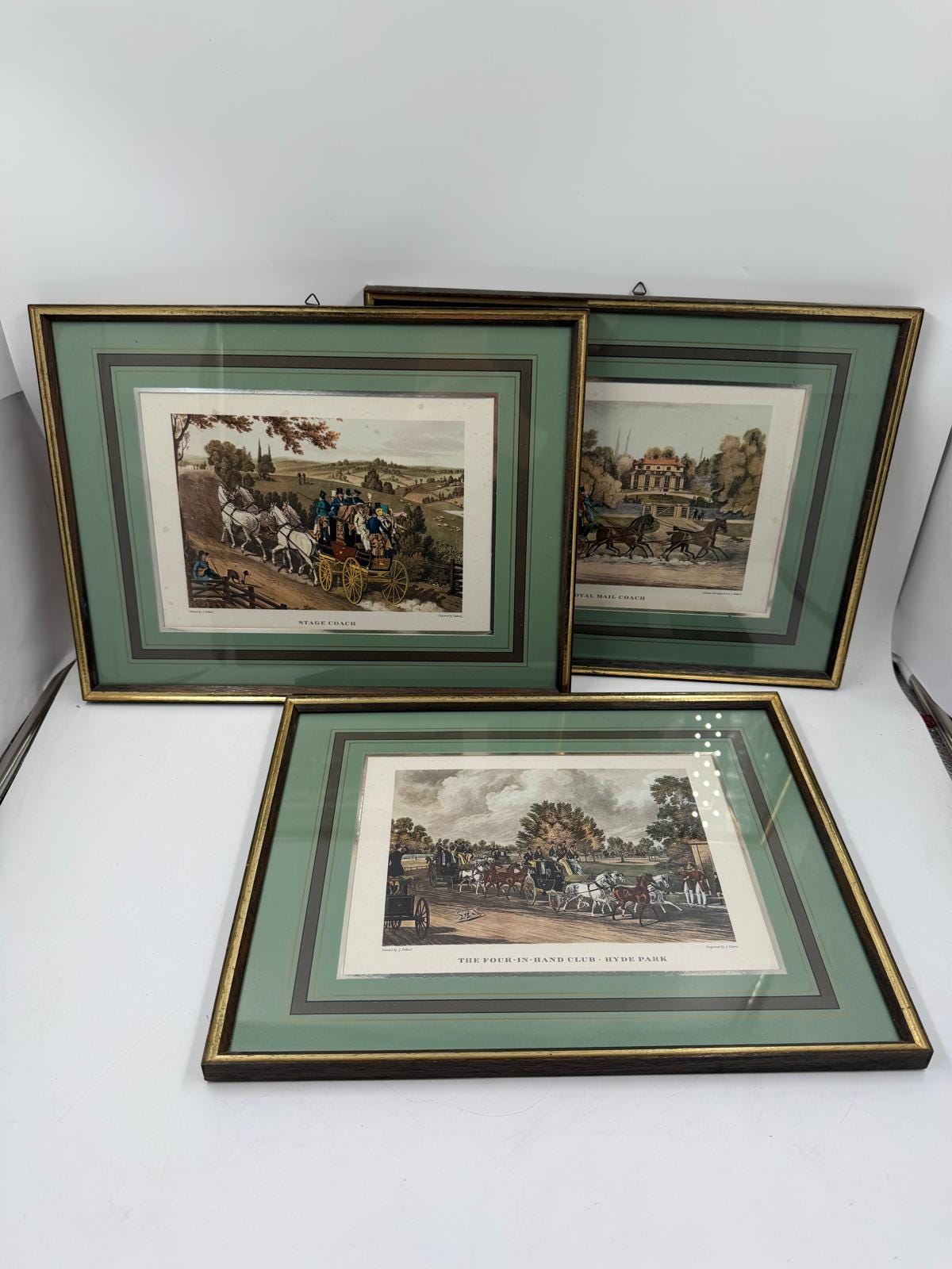 Vintage Druckbild „Königreich Hannover“ Set von 3 von James Pollard für G. Reeves grün-gold-silber
