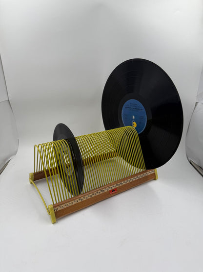 Vintage Vinylhalter von Polydor gelb Holz Draht