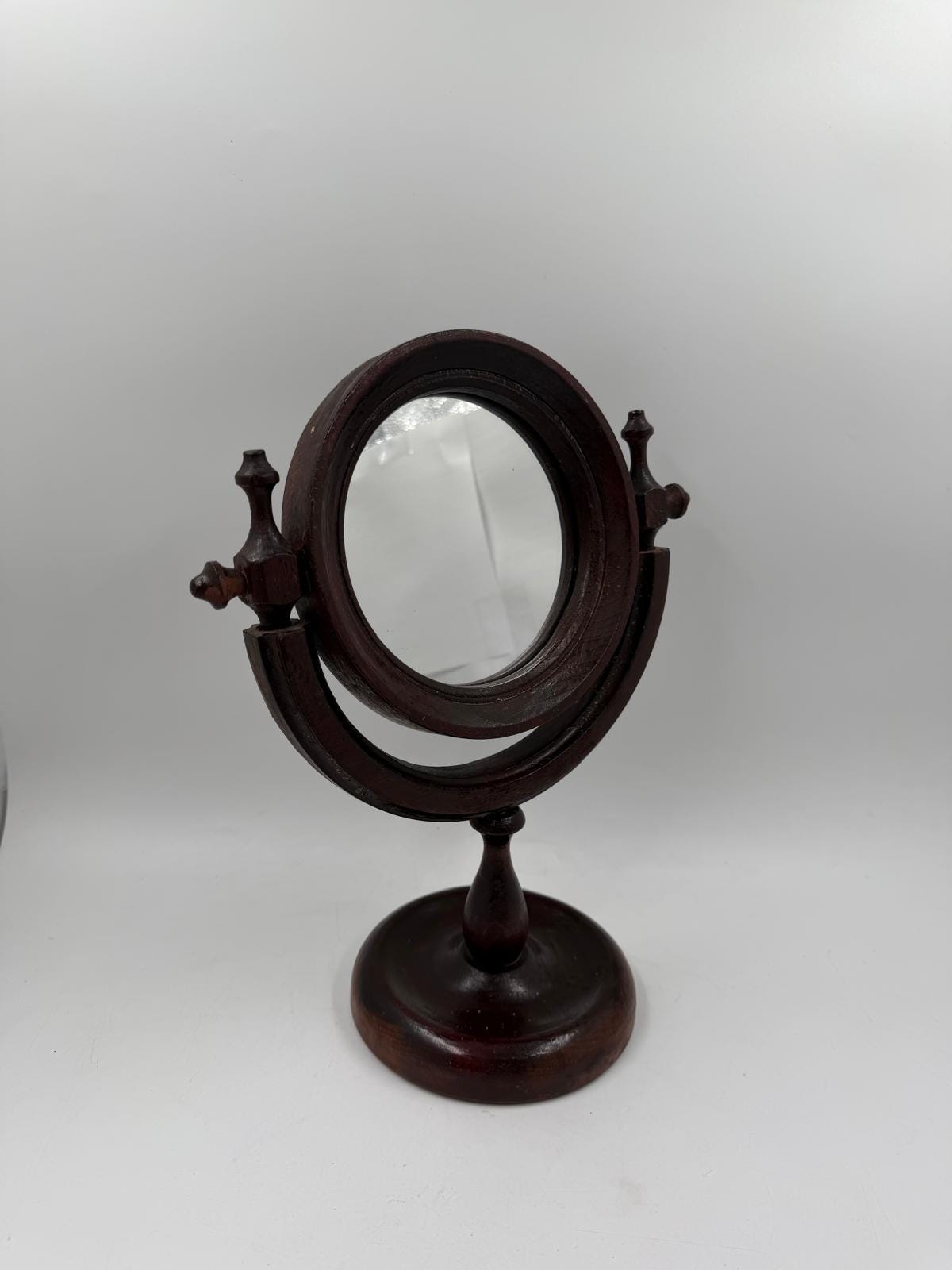 Vintage Kosmetikspiegel drehbar aus Holz, Glas und Kunstleder
