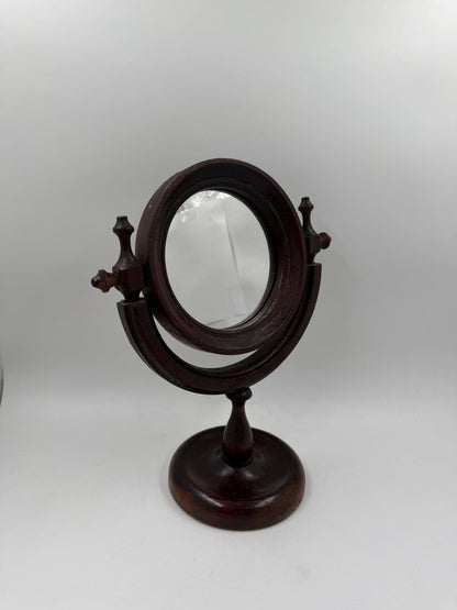 Vintage Kosmetikspiegel drehbar aus Holz, Glas und Kunstleder