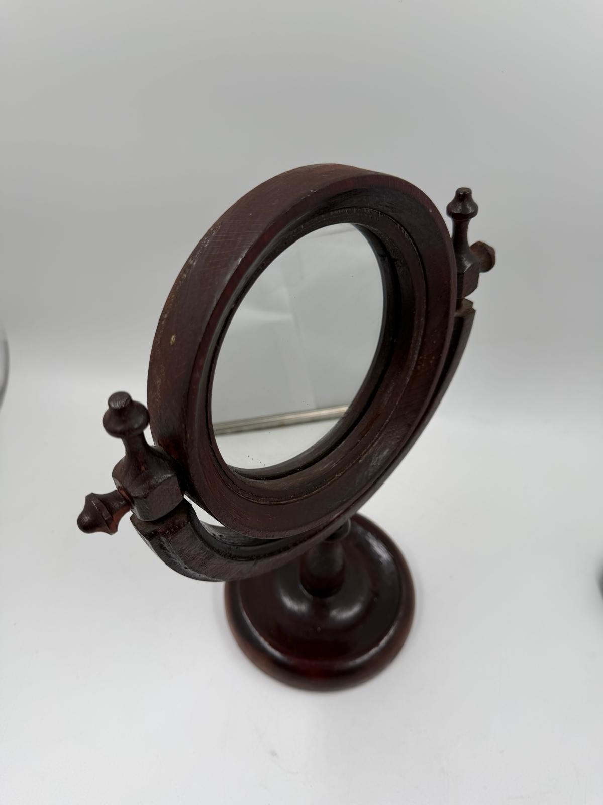 Vintage Kosmetikspiegel drehbar aus Holz, Glas und Kunstleder