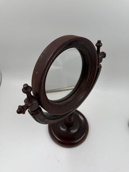 Vintage Kosmetikspiegel drehbar aus Holz, Glas und Kunstleder