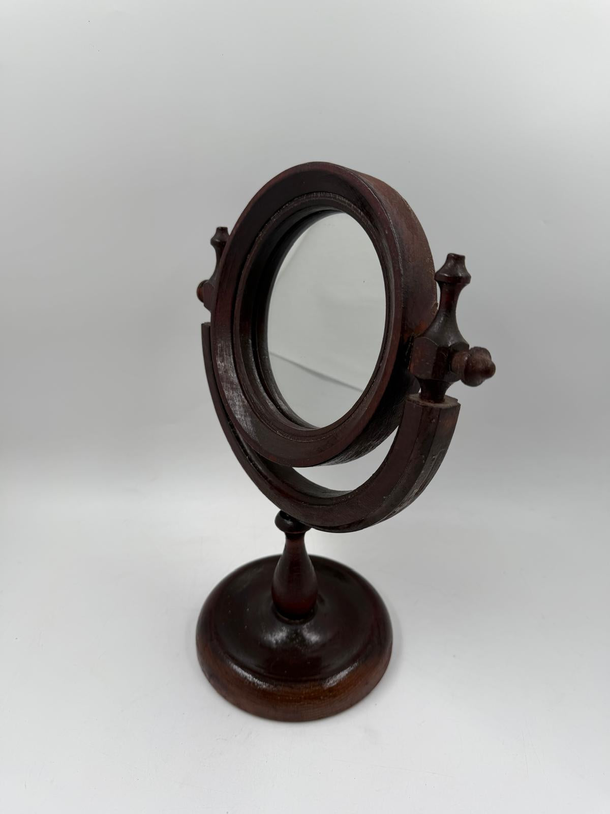 Vintage Kosmetikspiegel drehbar aus Holz, Glas und Kunstleder