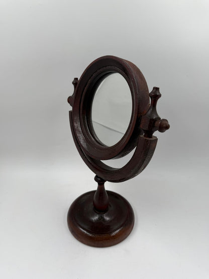 Vintage Kosmetikspiegel drehbar aus Holz, Glas und Kunstleder