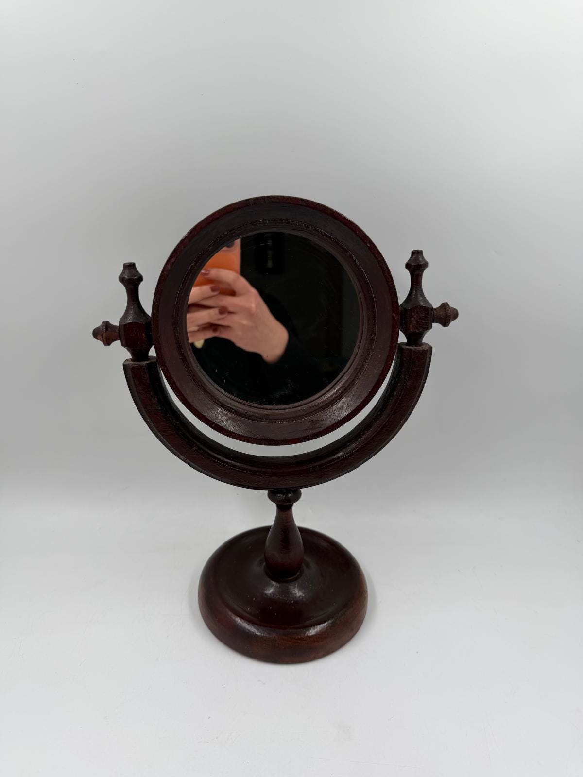 Vintage Kosmetikspiegel drehbar aus Holz, Glas und Kunstleder