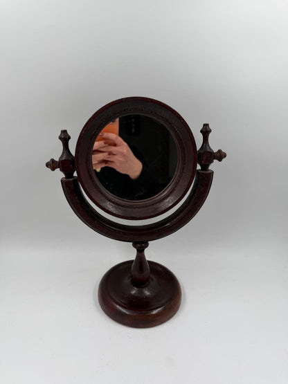 Vintage Kosmetikspiegel drehbar aus Holz, Glas und Kunstleder