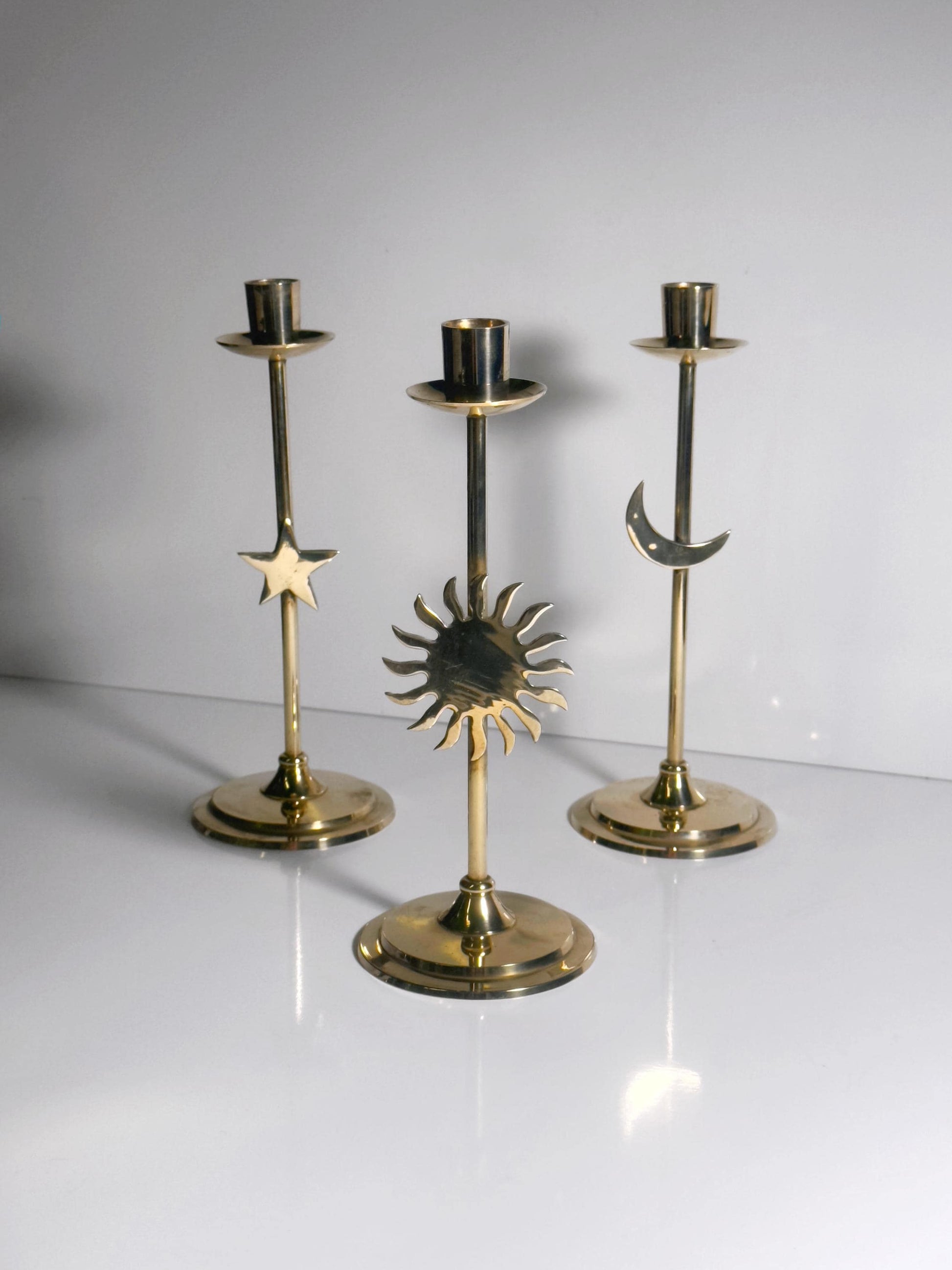 Vintage Kerzenhalter Set von 3 Sonne Mond Stern Messing