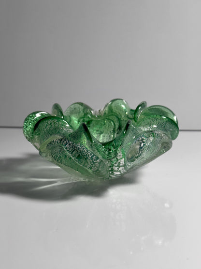 Vintage Murano Glasschale Mintgrün mit Silberdekor, Italien 1960er