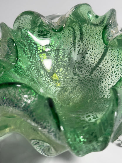 Vintage Murano Glasschale Mintgrün mit Silberdekor, Italien 1960er