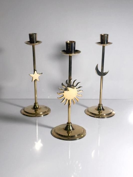 Vintage Kerzenhalter Set von 3 Sonne Mond Stern Messing