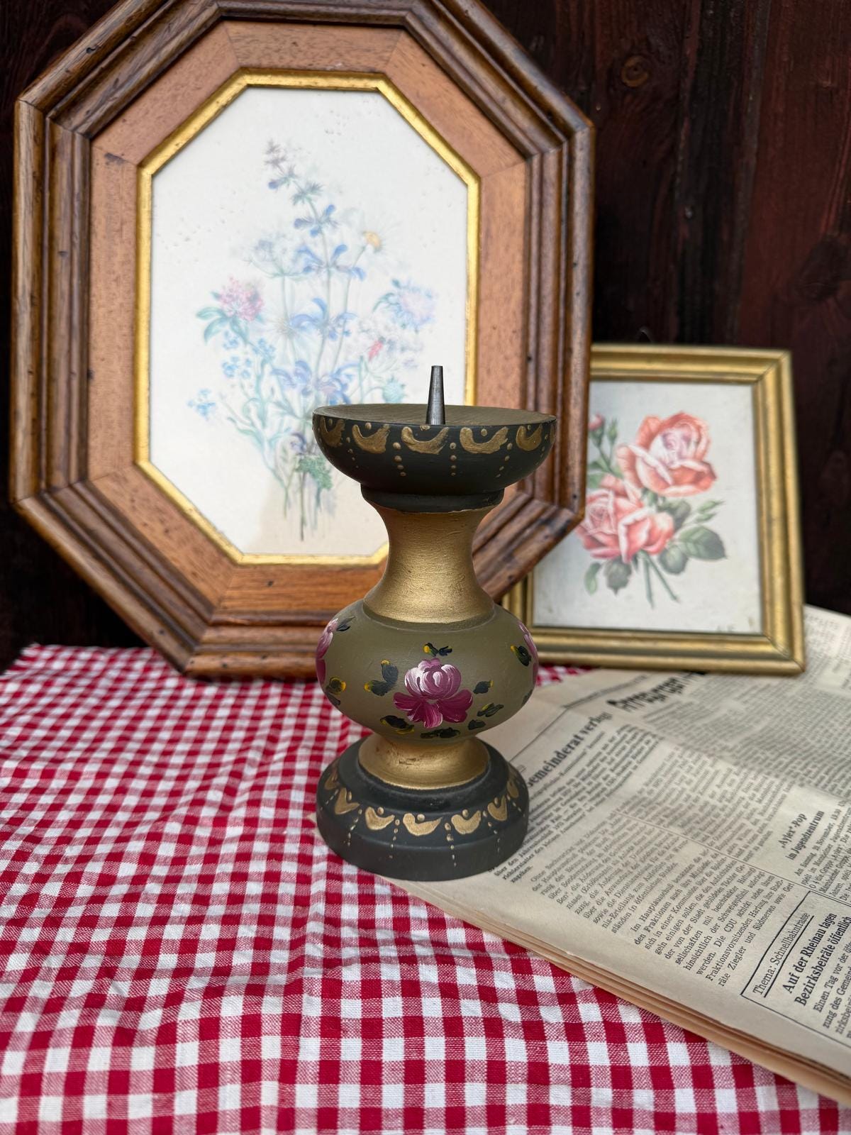 Vintage Kerzenständer olivgrün gold handbemalt Holz Metall Bauernmalerei Landhausstil