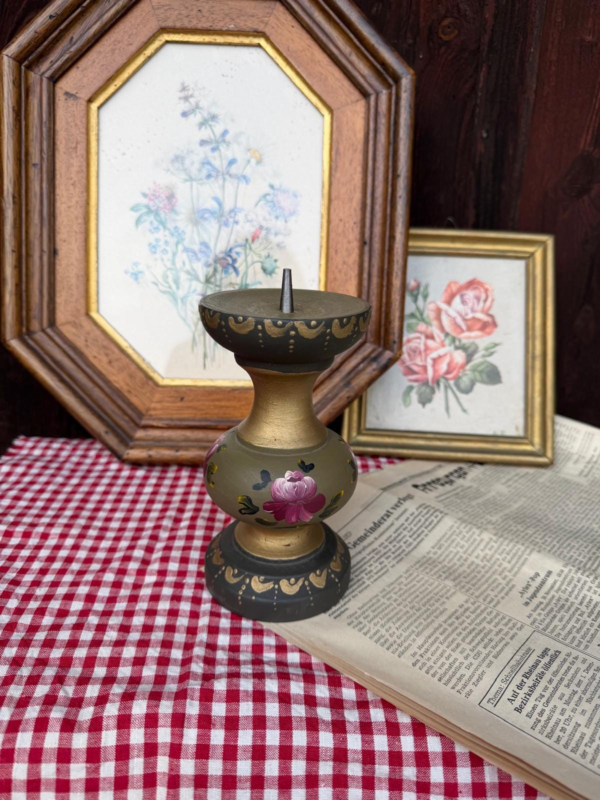 Vintage Kerzenständer olivgrün gold handbemalt Holz Metall Bauernmalerei Landhausstil