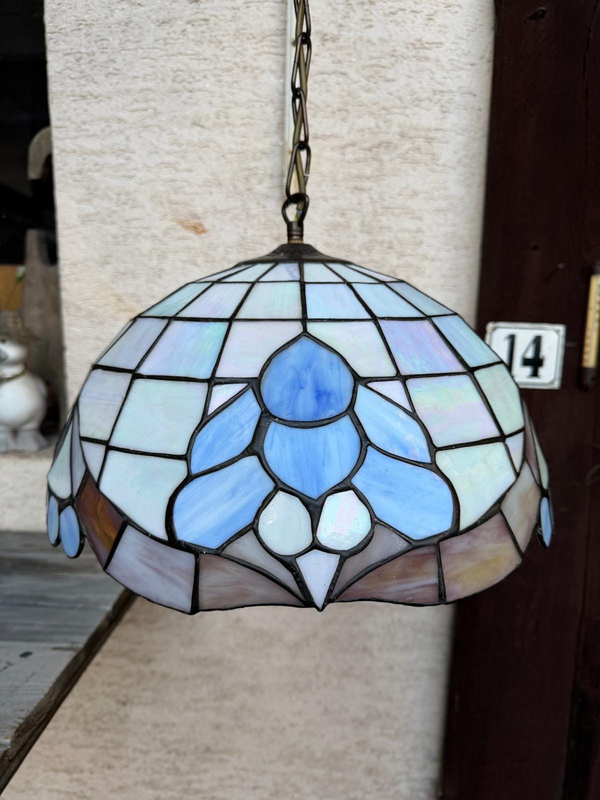 Vintage Hängelampe Tiffany Stil Blau Weiß Glasmosaik 45 cm, Perlmutt Messington
