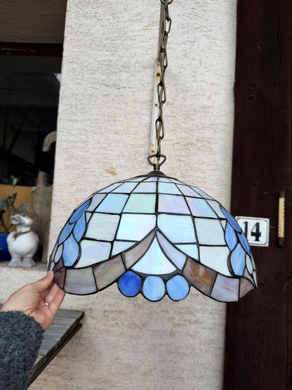 Vintage Hängelampe Tiffany Stil Blau Weiß Glasmosaik 45 cm, Perlmutt Messington
