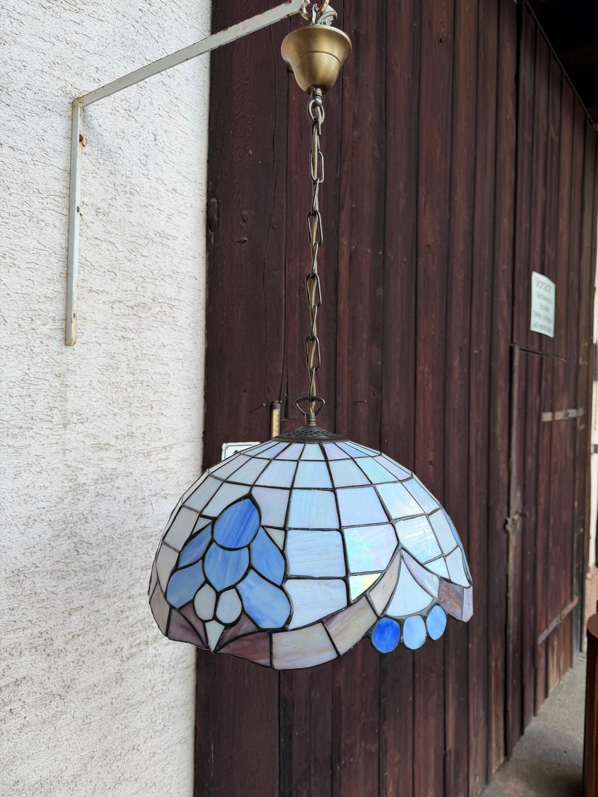 Vintage Hängelampe Tiffany Stil Blau Weiß Glasmosaik 45 cm, Perlmutt Messington