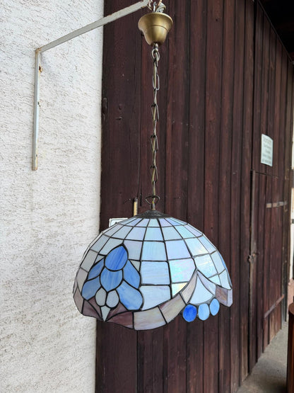 Vintage Hängelampe Tiffany Stil Blau Weiß Glasmosaik 45 cm, Perlmutt Messington