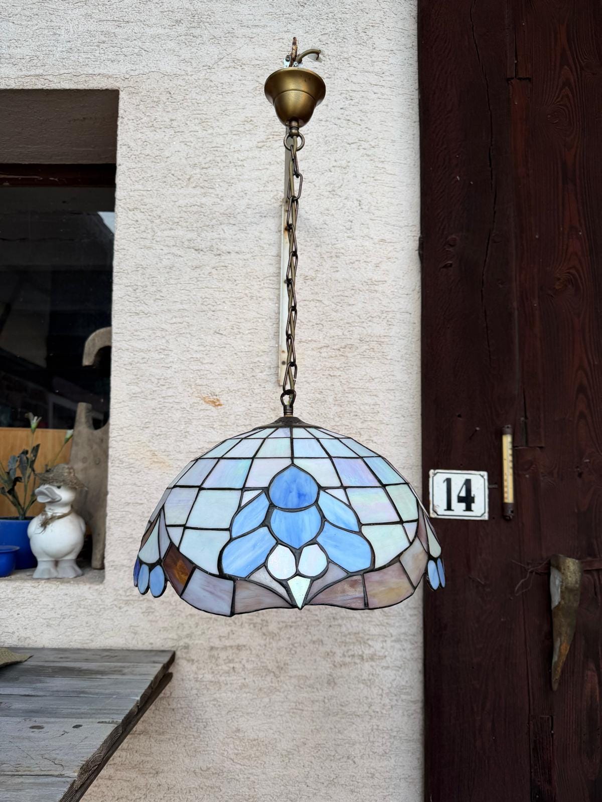 Vintage Hängelampe Tiffany Stil Blau Weiß Glasmosaik 45 cm, Perlmutt Messington