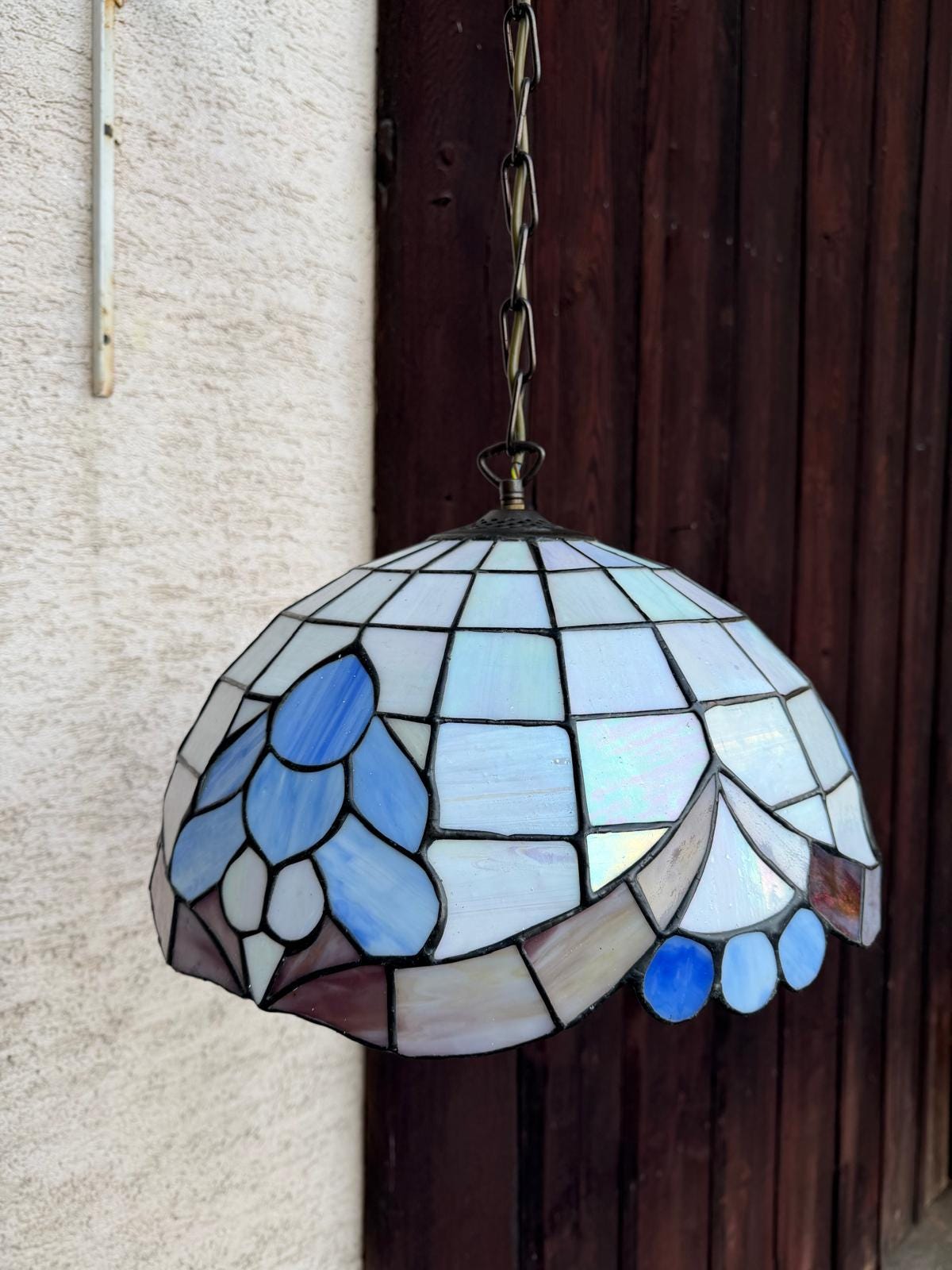 Vintage Hängelampe Tiffany Stil Blau Weiß Glasmosaik 45 cm, Perlmutt Messington
