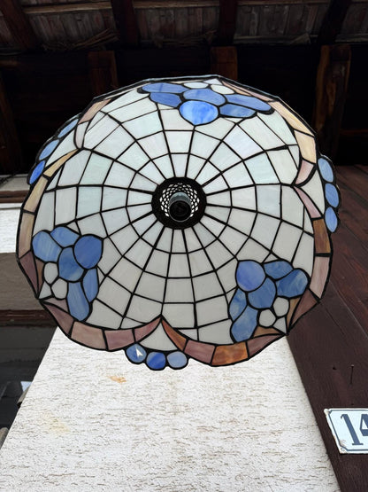 Vintage Hängelampe Tiffany Stil Blau Weiß Glasmosaik 45 cm, Perlmutt Messington