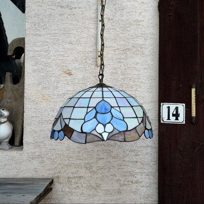 Vintage Hängelampe Tiffany Stil Blau Weiß Glasmosaik 45 cm, Perlmutt Messington