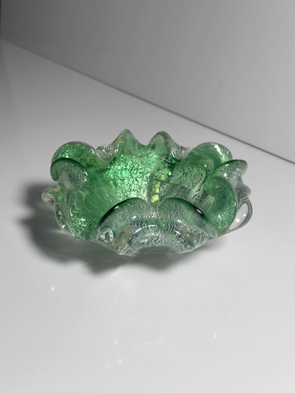 Vintage Murano Glasschale Mintgrün mit Silberdekor, Italien 1960er