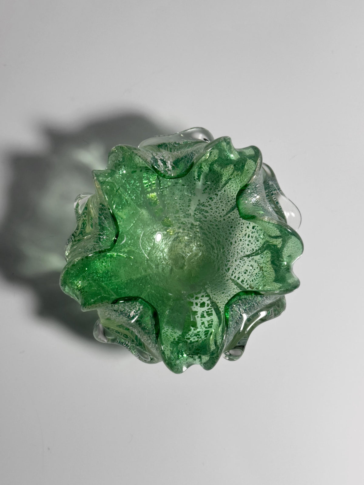Vintage Murano Glasschale Mintgrün mit Silberdekor, Italien 1960er