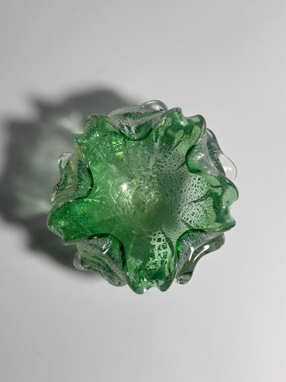 Vintage Murano Glasschale Mintgrün mit Silberdekor, Italien 1960er