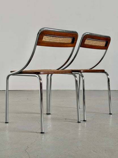 Vintage Set von 2 Esszimmerstuhl aus Holz und Geflecht und Chrom, Italien, 1970er