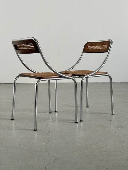 Vintage Set von 2 Esszimmerstuhl aus Holz und Geflecht und Chrom, Italien, 1970er