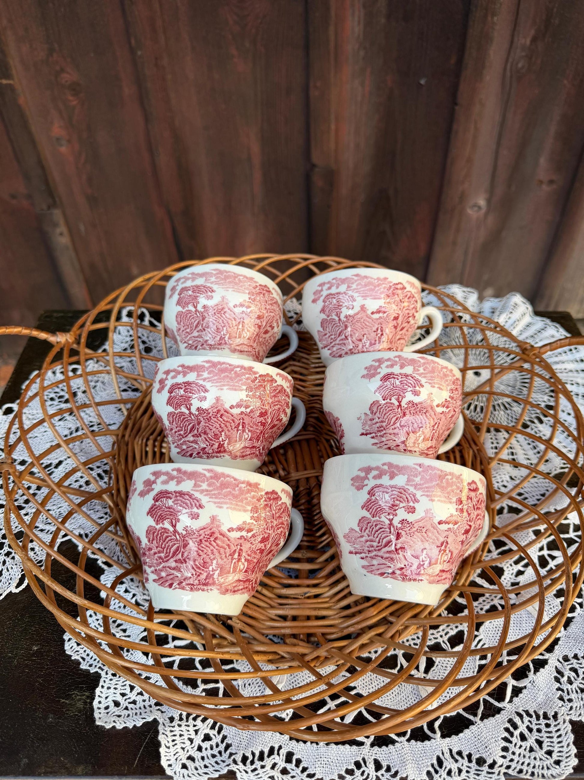 Vintage Kaffeeservice Old Castle von Enoch Wedgwood für Enoch Wedgwood Rot Weiß 21-teilig