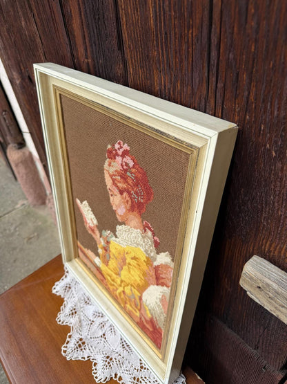 Vintage Stickbild Blumenkorb im Holzrahmen Mehrfarbig Holz natur