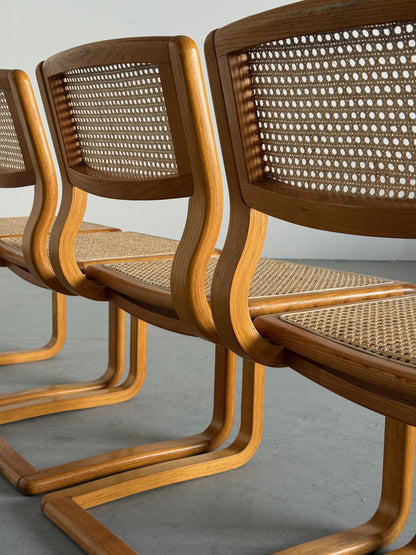 Vintage Set von 4 Freischwinger Esszimmerstuhl von Lübke für Lübke, Bugholz Geflecht