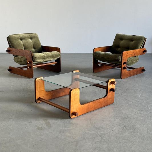 Vintage Set von 2 Freischwinger Lounge Sessel Olivgrün Sperrholz Vintage Zustand