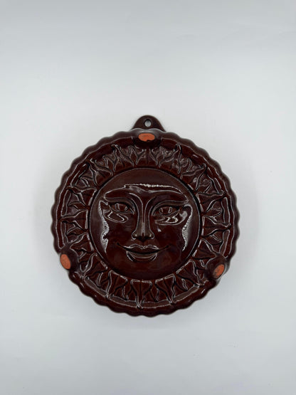 Vintage Backform Sonne Keramik Braun glasiert rund Wanddeko Öse