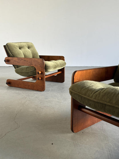 Vintage Set von 2 Freischwinger Lounge Sessel Olivgrün Sperrholz Vintage Zustand