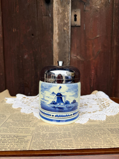 Vintage Servieraccessoire Keramikdose Delft Windmühle Blau Weiß Metall mit Metalldeckel