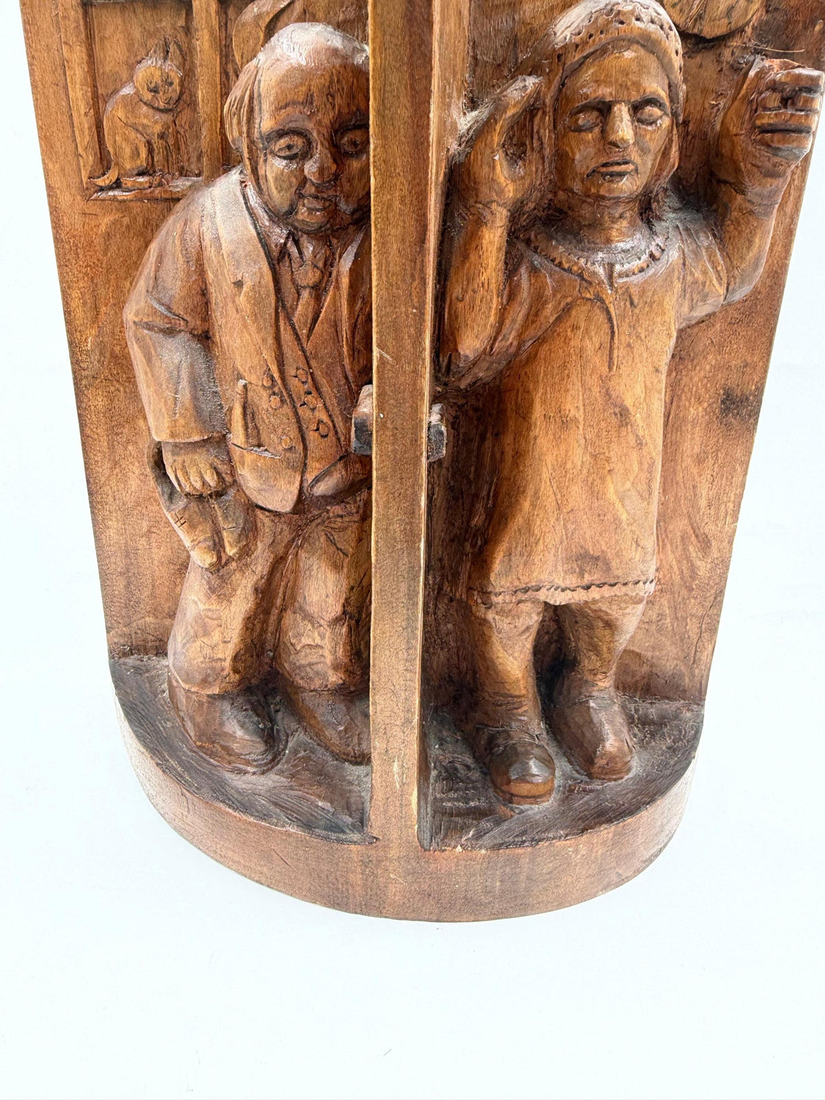 Vintage Wandrelief Holz-Schnitzbild handgefertigt figürliche Szene mit 2 Personen