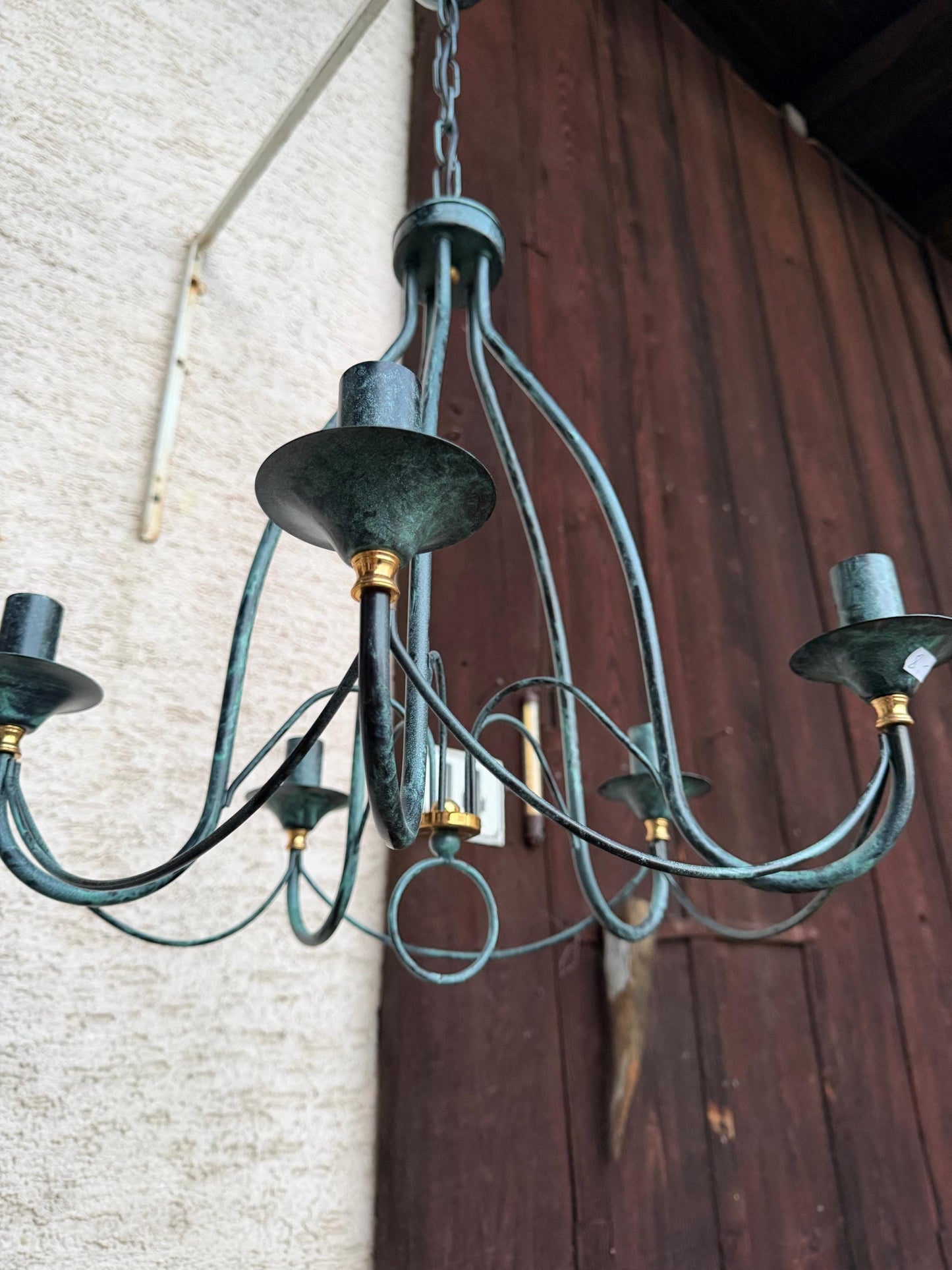 Vintage Lampe Kronleuchter 5-flammig Tiffany Blau Weiß Perlmutt Kupferpatina Messing