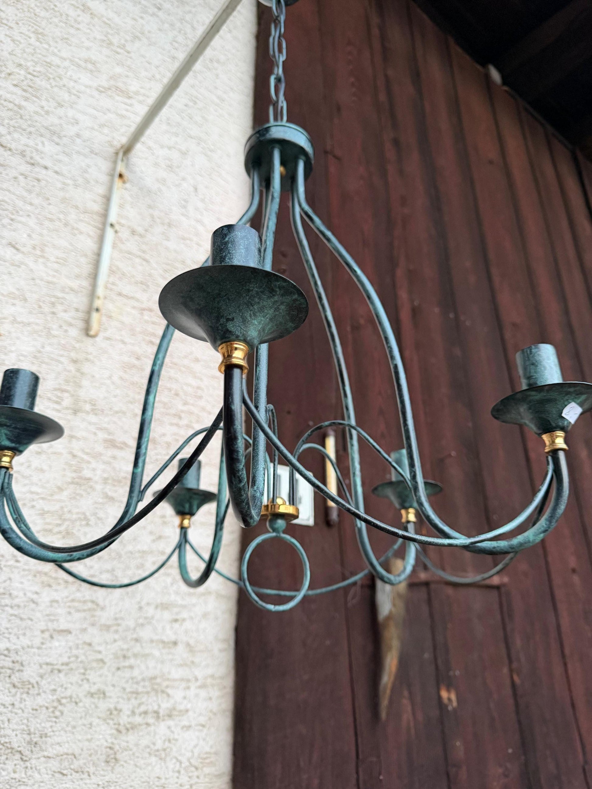 Vintage Lampe Kronleuchter 5-flammig Tiffany Blau Weiß Perlmutt Kupferpatina Messing