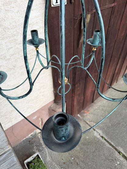 Vintage Lampe Kronleuchter 5-flammig Tiffany Blau Weiß Perlmutt Kupferpatina Messing