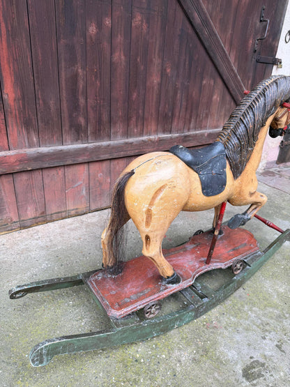 Vintage Schaukelpferd dunkelgrün Holz Echthaar Schwanz Dekoration