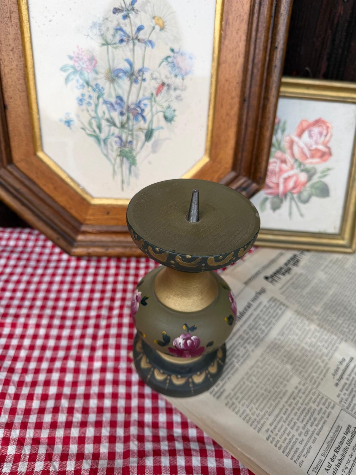 Vintage Kerzenständer olivgrün gold handbemalt Holz Metall Bauernmalerei Landhausstil