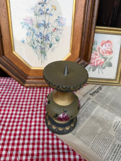 Vintage Kerzenständer olivgrün gold handbemalt Holz Metall Bauernmalerei Landhausstil