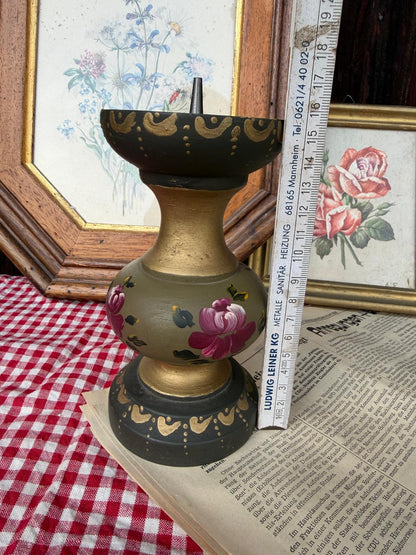 Vintage Kerzenständer olivgrün gold handbemalt Holz Metall Bauernmalerei Landhausstil