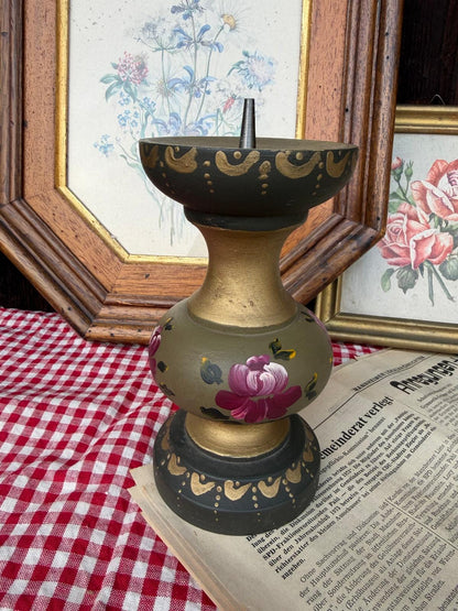 Vintage Kerzenständer olivgrün gold handbemalt Holz Metall Bauernmalerei Landhausstil